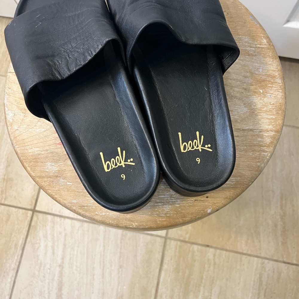 beek Pelican Leather Platform Black Women's Slide Sandals - Picture 14 of 16